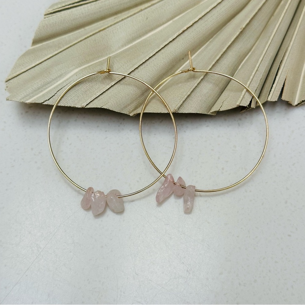 Pair of rose quartz beaded wire hoop earrings gold plated 20 gauge new